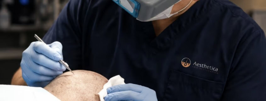 Surgeon performing an FUE hair transplant follicle extraction